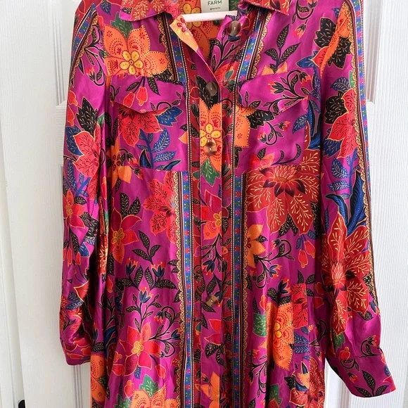 Farm Rio Tropical Tapestry Pink Long Sleeve Chemise Midi Dress - Picture 2 of 5